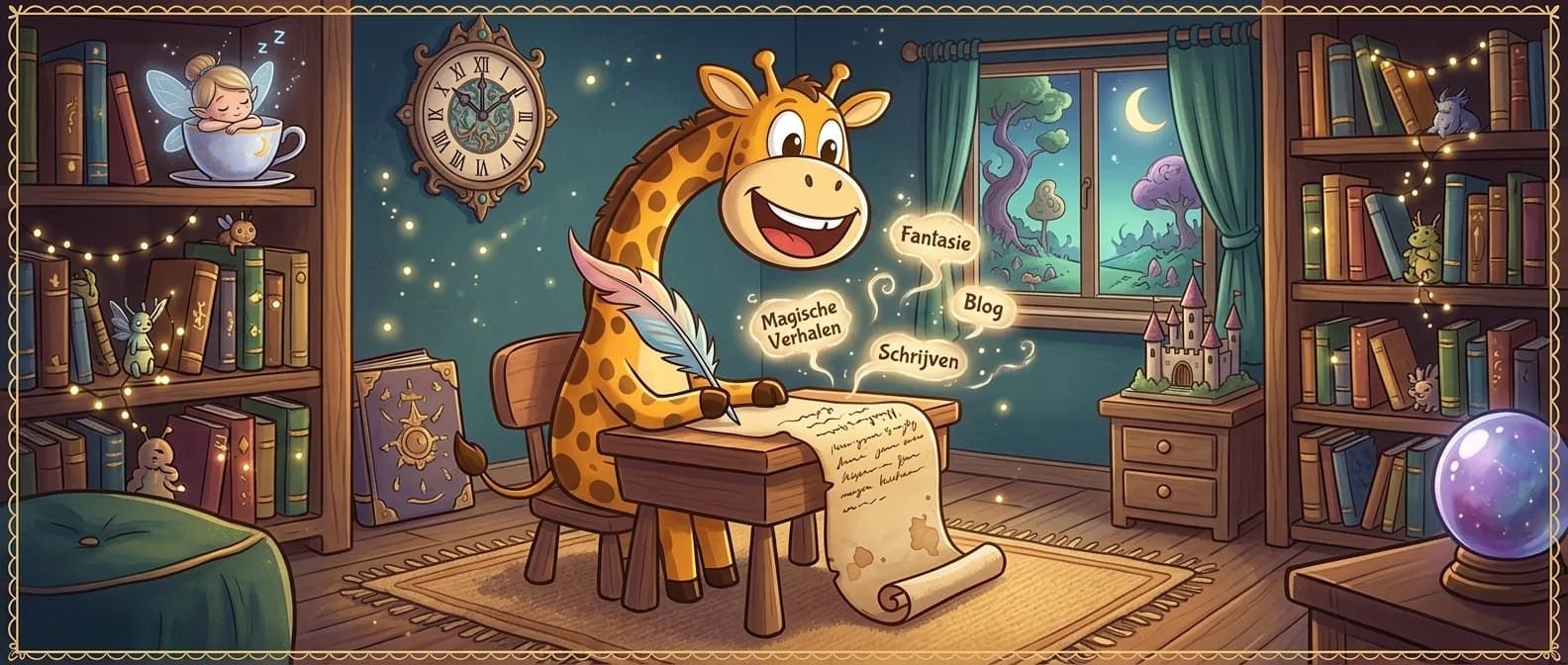 DotasToys Blog - opvoedtips en educatieve inzichten voor ouders Dotas de Giraffe schrijft magische verhalen aan een gezellig bureau - DotasToys Blog