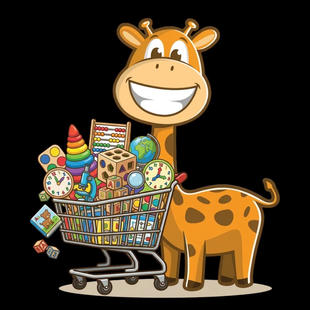Dotas de Giraffe met een winkelwagen vol educatief speelgoed